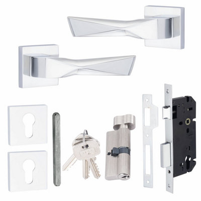 1 Pair Modern Aura Square Rose Euro Lock Door Handles 70mm Thumbturn Barrell Polished Chrome Finish - Golden Grace
