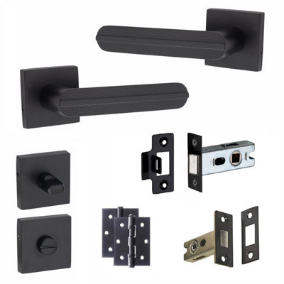 1 Pair Modern Lima Design Matt Black Premium Bathroom Door Handles Square Rose Dead Bolt Ball Latch Hinges Thumbturn