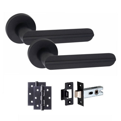 1 Pair Modern Lima Design Matt Black Premium Door Handles Round Rose 3" Ball Bearing Hinges and 2.5" Tubular Latch - Golden Grace