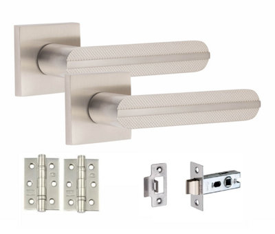 1 Pair Modern Lima Design Satin Nickel Premium Door Handles Square Rose 3" Ball Bearing Hinges and Tubular Latch - Golden Grace