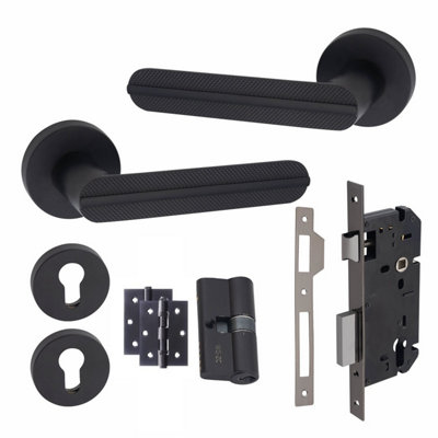 1 Pair Modern Lima Euro Lock Door Handles, 70mm Key & Key Barrell Matt Black Finish and Ball Bearing HInges - Golden Grace
