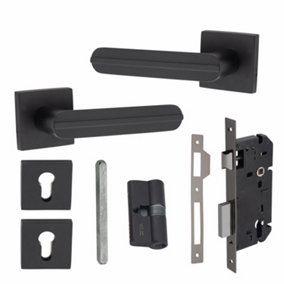 1 Pair Modern Lima Euro Lock Door Handles, 70mm Key & Key Barrell Matt Black Finish - Golden Grace
