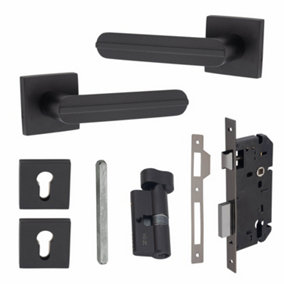 1 Pair Modern Lima Euro Lock Door Handles, 70mm Key & Thumbturn Barrell Matt Black Finish - Golden Grace