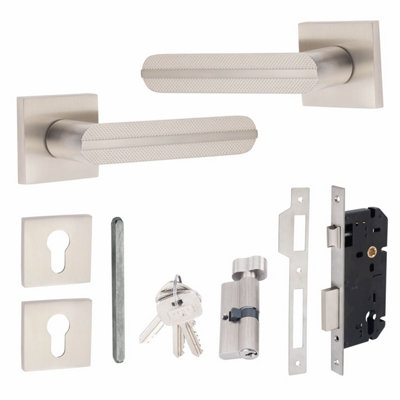 1 Pair Modern Lima Euro Lock Door Square Rose Handles 70mm Thumbturn Barrell Satin Nickel Finish - Golden Grace