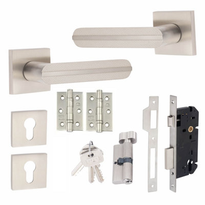 1 Pair Modern Lima Euro Lock Square Rose Door Handles 70mm Thumbturn Barrell Satin Nickel Finish and Ball Bearing Hinges