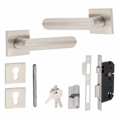 1 Pair Modern Lima Euro Square Rose Lock Door Handles 70mm Key & Key Barrell Satin Nickel Finish - Golden Grace Price Comparisons | Compare The Build