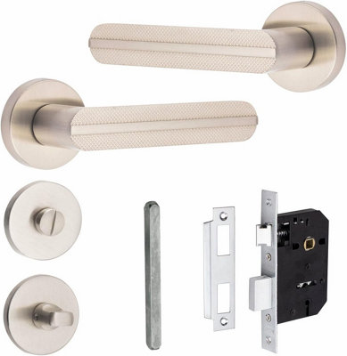 1 Pair Modern Lima Knurled Design Satin Nickel Premium Bathroom Door Handles