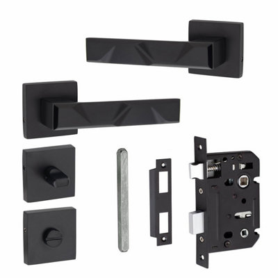 1 Pair Modern Nova Design Matt Black Premium Bathroom Door Handles Square Rose - Golden Grace