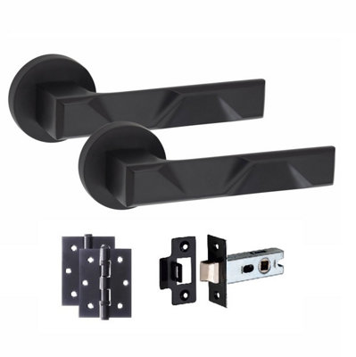 1 Pair Modern Nova Design Matt Black Premium Door Handles Round Rose 3" Ball Bearing Hinges and 2.5" Tubular Latch - Golden Grace