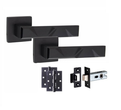 1 Pair Modern Nova Design Matt Black Premium Door Handles Square Rose 3" Ball Bearing Hinges and 2.5" Tubular Latch - Golden Grace Price Comparisons | Compare The Build