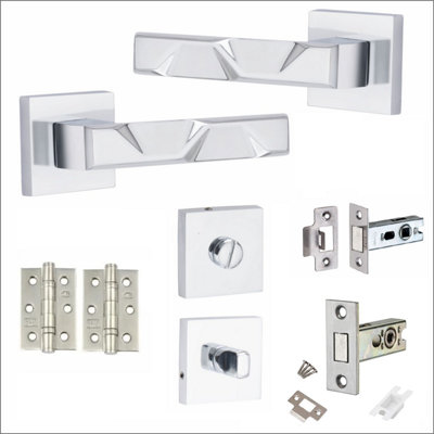 1 Pair Modern Nova Design Polished Chrome Premium Bathroom Door Handles Square Rose Dead Bolt Ball Latch Hinges Thumbturn