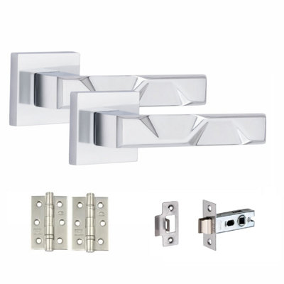 1 Pair Modern Nova Design Polished Chrome Premium Door Handles Square Rose 3" Ball Bearing Hinges and Tubular Latch - Golden Grace