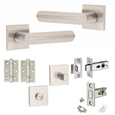 1 Pair Modern Nova Design Satin Nickel Premium Bathroom Door Handles Square Rose Dead Bolt Ball Latch Hinges Thumbturn