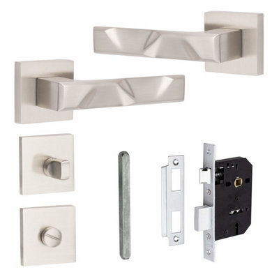 1 Pair Modern Nova Design Satin Nickel Premium Bathroom Door Handles Square Rose - Golden Grace