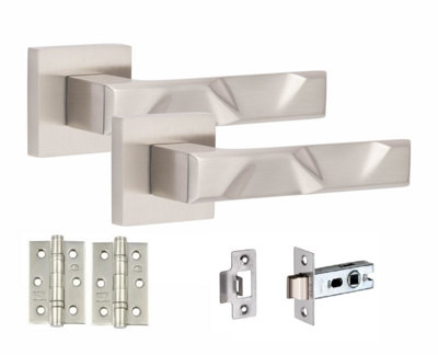 1 Pair Modern Nova Design Satin Nickel Premium Door Handles Square Rose 3" Ball Bearing Hinges and Tubular Latch - Golden Grace