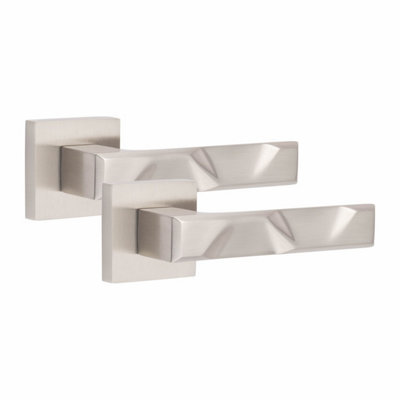 1 Pair Modern Nova Design Satin Nickel Premium Door Handles Square Rose - Golden Grace