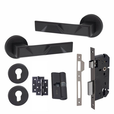 1 Pair Modern Nova Euro Lock Door Handles, 70mm Key & Key Barrell Matt Black Finish and Ball Bearing HInges - Golden Grace