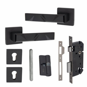1 Pair Modern Nova Euro Lock Door Handles, 70mm Key & Key Barrell Matt Black Finish - Golden Grace