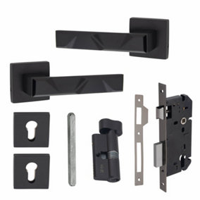 1 Pair Modern Nova Euro Lock Door Handles, 70mm Key & Thumbturn Barrell Matt Black Finish - Golden Grace