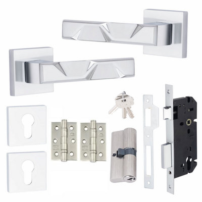 1 Pair Modern Nova Euro Lock Square Rose Door Handles 70mm Key & Key Barrell Polished Chrome Finish and Ball Bearing HInges