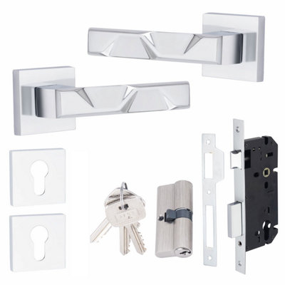1 Pair Modern Nova Euro Lock Square Rose Door Handles 70mm Key & Key Barrell Polished Chrome Finish