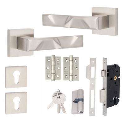 1 Pair Modern Nova Euro Lock Square Rose Door Handles 70mm Key & Key Barrell Satin Nickel Finish and Ball Bearing HInges