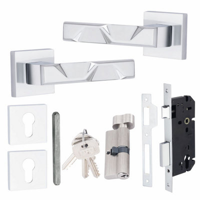 1 Pair Modern Nova Euro Lock Square Rose Door Handles 70mm Thumbturn Barrell Polished Chrome Finish - Golden Grace
