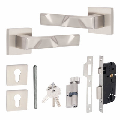 1 Pair Modern Nova Euro Lock Square Rose Door Handles 70mm Thumbturn Barrell Satin Nickel Finish - Golden Grace
