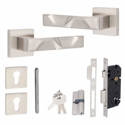 1 Pair Modern Nova Euro Lock Square Rose Internal Door Handles 70mm Key ...