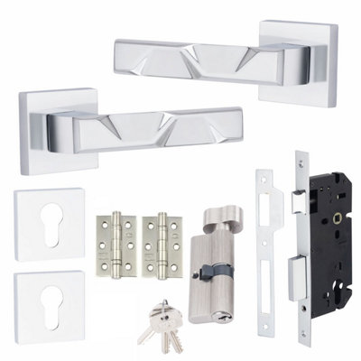 1 Pair Modern Nova Euro Square Rose Lock Door Handles 70mm Thumbturn Barrell Polished Chrome Finish and Ball Bearing Hinges