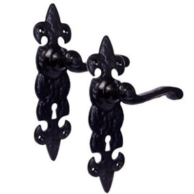 1 Pair of Black Antique Fleur De LYS Key Lock Handle, Internal Door Handles Sets Door Handle Set
