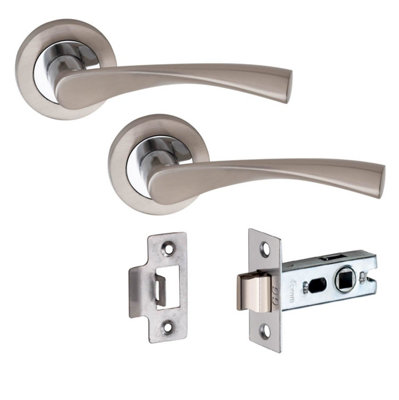 1 Pair of Golden Grace Astrid Door Handle On Round Rose, 2.5" Tubular Latch, Dual Finish, Satin Nickel/Polished Chrome