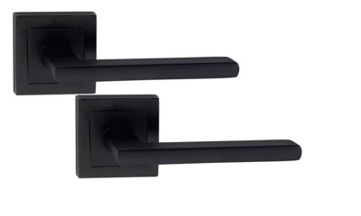 1 Pair of Leon Design Straight Door Handle On Sqaure Rose Latch Door Handles Matt Black with 52mm x 52mm Backplate