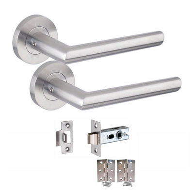 1 Pair of Mitred Design Door Handle On Round Rose Latch Door Handles 2.5"  Latch,Ball Bearing Hinges Satin Nickel Finish