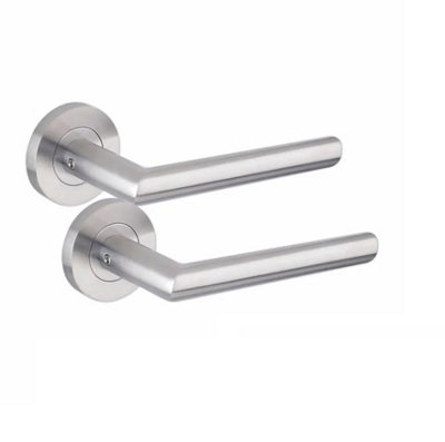 1 Pair of Mitred Design Door Handle On Round Rose Latch Door Handles Satin Nickel Finish  - Golden Grace