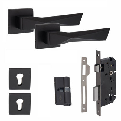 1 Pair Square Aura Euro Lock Square Rose Door Handles, 70mm Key & Key Barrell Matt Black Finish - Golden Grace