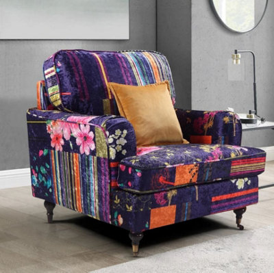 1 Seater Sofa Chair in Purple Patchwork Fabric
