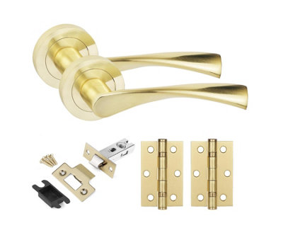 1 Set Astrid Design Door Handles Set Ball Bearing Hinges and Latches Satin Brass Finish