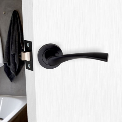 1 Set Astrid Design Key Lock Door Handles Matt Black Finish on Round ...