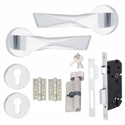 1 Set Aura Design Euro Lock Complete Door Handle Set Thumbturn  Polished Chrome Finish