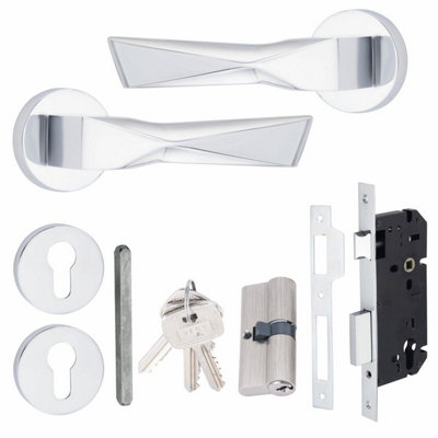1 Set Aura Design Euro Lock Door Handle Set 70mm Barrell Key Polished Chrome Finish