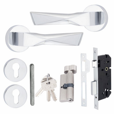 1 Set Aura Design Euro Lock Door Handle Set Thumbturn Key Polished Chrome Finish