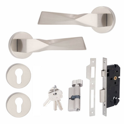 1 Set Aura Design Euro Lock Door Handle Set Thumbturn Key Satin Nickel Finish