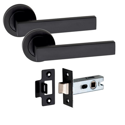 1 Set Delta Design Door Handle On Round Rose Latch Door Handles with 2.5" Tubular Latch Matt Black Finish - GG