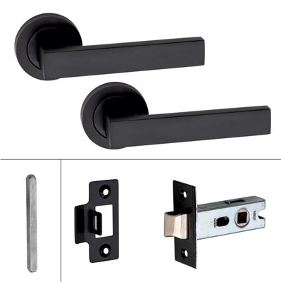 1 Set Delta Design Door Handle On Round Rose Latch Door Handles with 2.5" Tubular Latch Matt Black Finish - GG