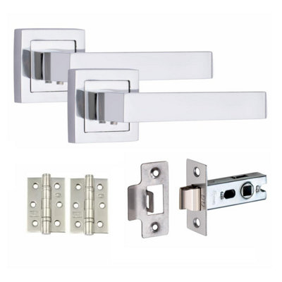 1 Set Delta Design Door HandlesInternal Sets With Latch and BB HInges Square Rose Polished Chrome Finish