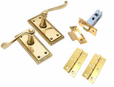1 Set Georgian Internal Door Handles Polished Brass Finish with 2.5" Tubular Latch & 1 Pair of 3" Hinges 107 x 48mm - Golden Grace