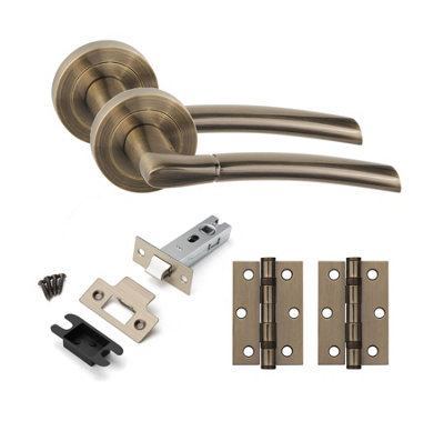 1 Set Indiana Design Door Handles Set Ball Bearing Hinges and Latches Antique Brass Finish