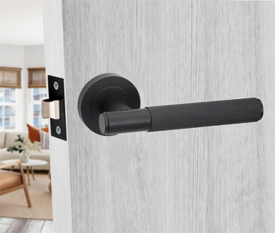 1 Set Knurled T-Bar Internal Door Handles with Latch and Hinges Matt Black Finish