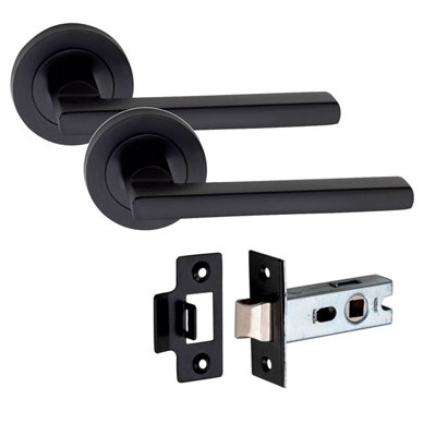 1 Set Leon Design Door Handle On Round Rose Latch Door Handles with 2.5" Tubular Latch Matt Black Finish - GG